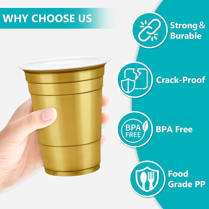 LANLISA 50 Gold Plastic Cups, 16 oz Disposable Cups, Drinking Cups For Birthday Party Supplies, Graduation, Thanksgiving Decorations, Harvest, Fall, New Years