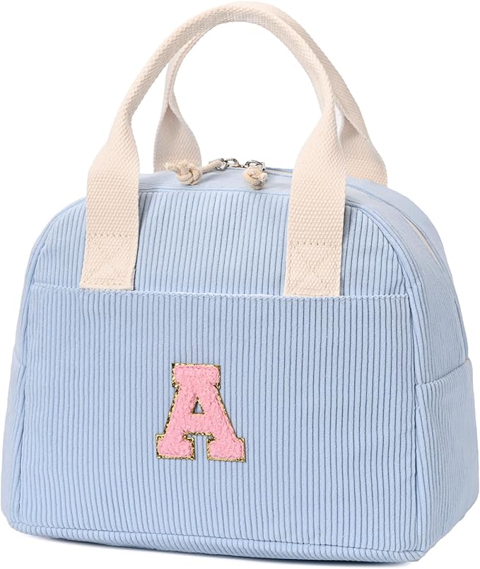 LOVELYWIND Insulated Cloud Blue Lunch Bag for Women, Stylish Corduroy Tote with Aluminum Lining, Large Capacity Reusable Cooler for Work, Travel, or Beach (Cloud Blue, A)