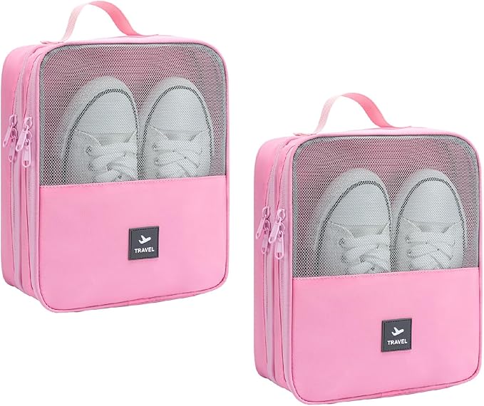 2 Layers Travel Shoe Bag, Portable Shoe Bags Hold 2 Pair Of Shoes, Water-Resistant Shoe Storage Pouch For Travel (Pink, 2 Pack)