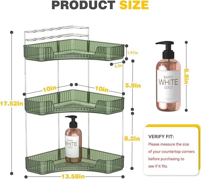 3-Tier Corner Bathroom Counter Organizer with Top Toothbrush Holders,Large Makeup Organizer Countertop with Brush Holder,Skincare Organizers Corner,Exquisite Vanity Organizer (Green, 3 Tier)