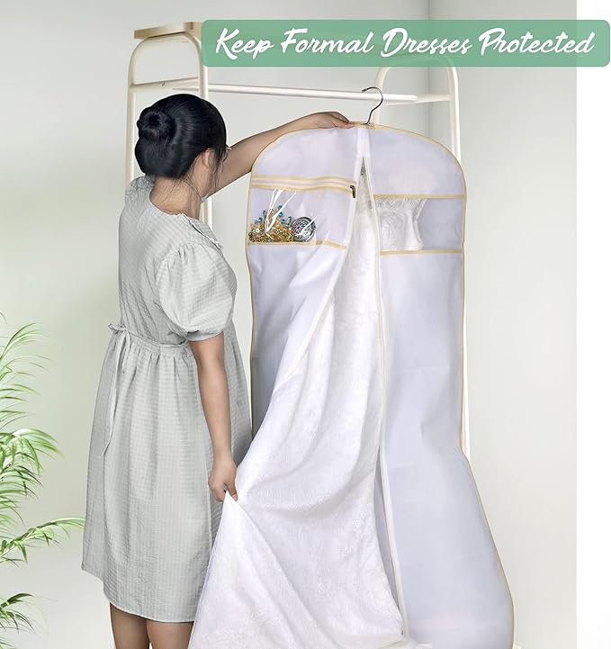 MISSLO 65" Bridal Wedding Gown Dress Garment Bag with Accessories Pouch Large Travel Garment Cover 8" Gusset (White)