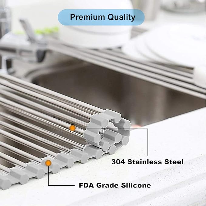 Searik Roll Up Over The Sink Dish Drying Rack for Kitchen Counter Sink Drying Rack Dish Drainer Drying Mat Folding Dish Rack Kitchen Sink Organizer Home Essentials (20.5"x15.7")