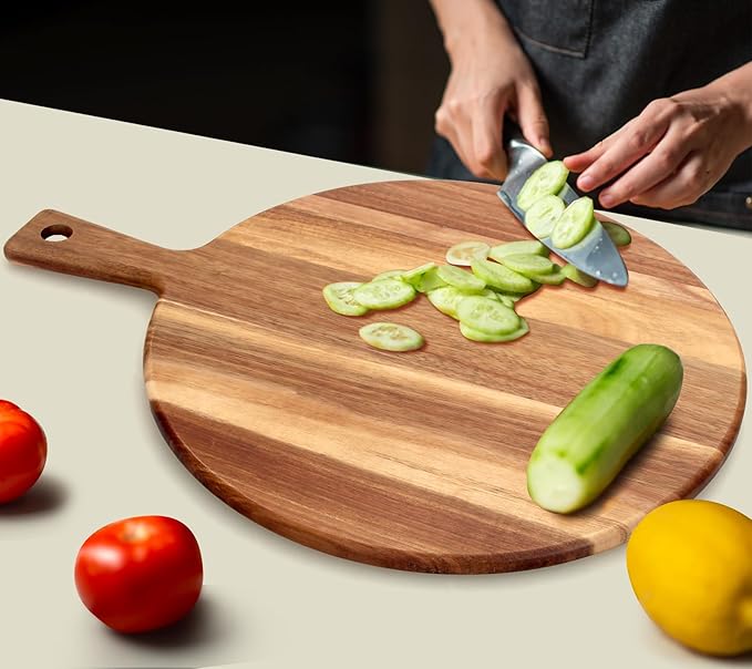 21"x16" XL Extra Large Acacia Wood Cutting Board with Handle Round Wooden Charcuterie Boards Meat Chopping Board Bread Serving Cheese Platter Big Pizza Cutting Boards for Kitchen Carving Butcher Board