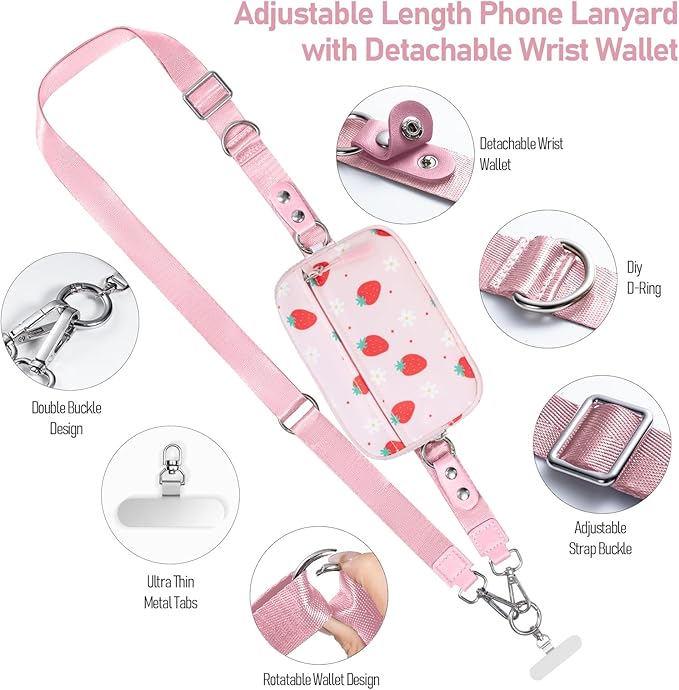 Clip and Go Strap for Phone with Wallet Crossbody Phone Lanyard and Detachable Checkered Bag with ID Window and RFID Pouch for Daily Travel. Strawberry