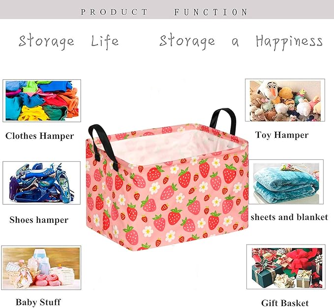 KUNRO Rectang Storage Basket Gift Shelf Basket Storage Bin, Nursery Basket Organizer Box for With Handles for Room Deco (Strawberry)