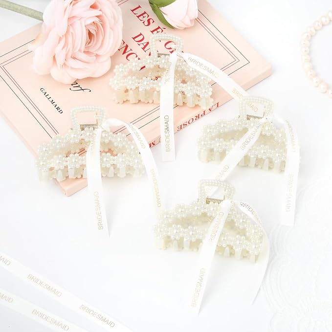 DEEKA Bridesmaid Proposal Gifts 8 Pack Pearl Bridesmaid Hair Claw Clips with Ribbon 3 Inch Hair Clips Bachelorette Party Favors Bridal Party Present Hair Accessories (Half Circle)