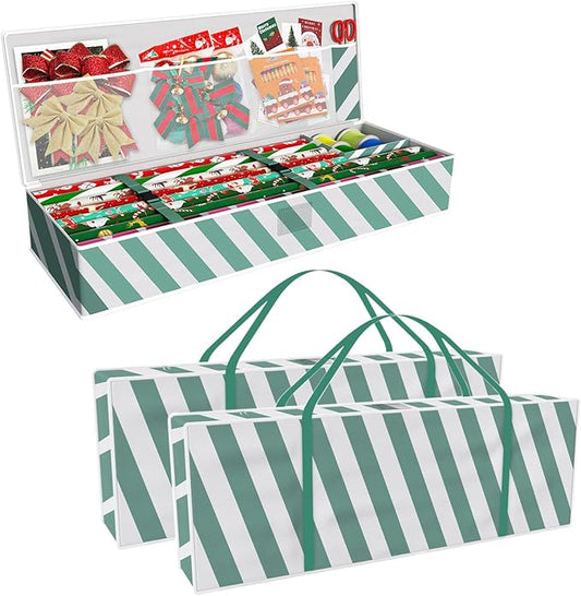 Safana 2 Pack Wrapping Paper Organizer Storage Bag, 42" Durable 600d Oxford Gift Wrapping Organizer Box Under Bed Storage Containers for Decorations Paper Rolls, Ribbons, Balls, Bows (Green Stripe)