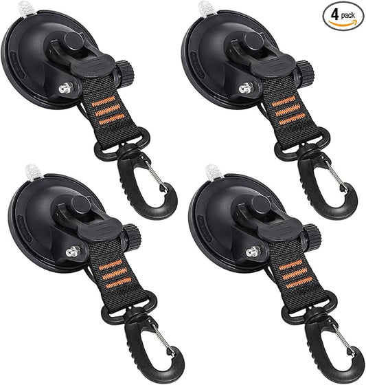 CONBOLA Suction Cups Hooks 4 Pieces Outdoor Car Camping Essentials Heavy Duty Upgraded Tie Down Suction Cup, Camper Accessories Strong Power for RV Boat Window Glass Camping Trap. (4 pcs, Orange)