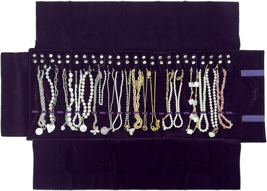 UnionPlus Velvet Travel Jewelry Roll Bag Organizer for Necklace, Elastic Band and Anti-winding, Large, Purple