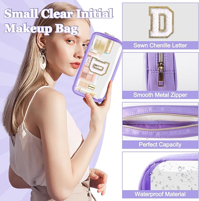 Small Clear Personalized Initial Makeup Bag,Nylon Preppy A-Z Chenille Letter Patch Cosmetic Pouch Beach Toiletry Bag,Waterproof Zip Travel Purse Storage Bag Organizer for Women Girls(Purple-White D)