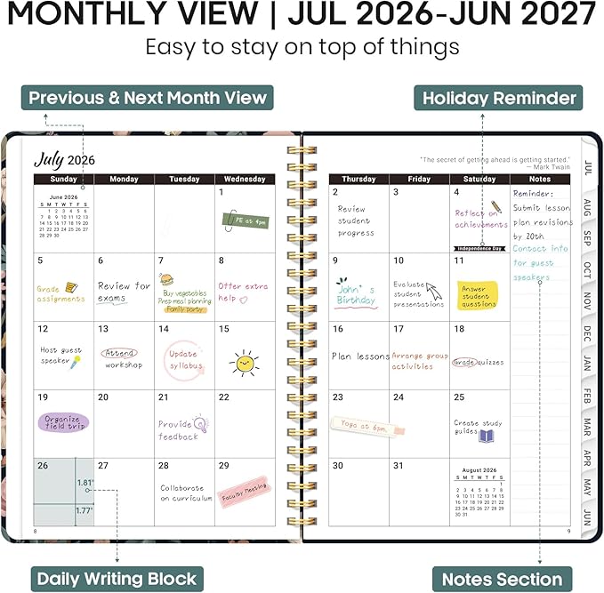 Academic Planner 2026-2027, Weekly and Monthly Calendar Book, July 2026 – June 2027, Hardcover Planner with Tabs, Perfect for Teachers, Students, Women & Men, A4 (8.5" x 11") - Evening Petals