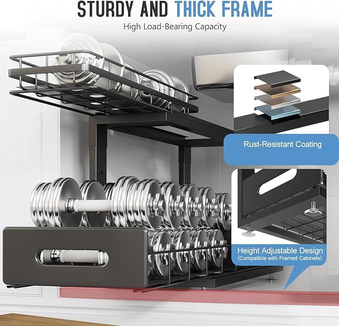 1 Pack 18 IN Depth Under Sink Organizer with Smooth Ball Bearing Slides, 2-Tier Pull Out Cabinet Storage, Slide Out Drawers for Bathroom&Kitchen, Rust-resistant Coating, Height Adjustable - Black