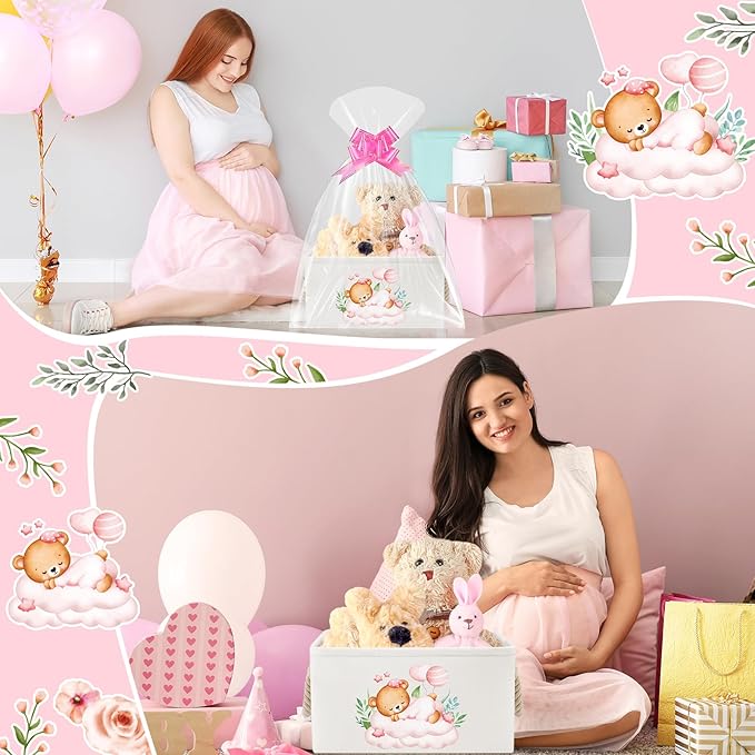 Pickmesh Baby Shower Storage Basket with Gift Bags Rectangular Ribbons Collapsible Canvas Storage Bin with Handles for Diaper Organizing Toy Home DIY Gift Basket, 13 x 9. 1 x 7. 1 Inch(Pink Bear)
