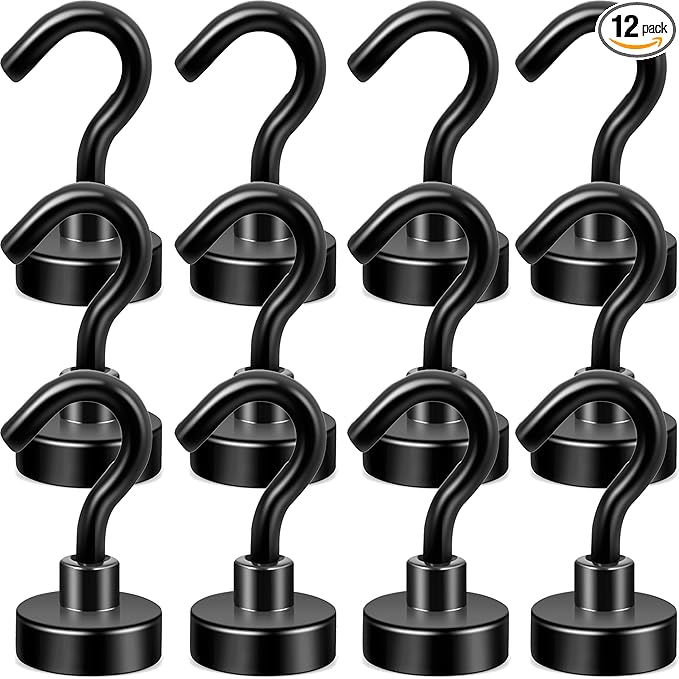 Neosmuk Magnetic Hooks, Heavy Duty 30lb+ Strong Magnet Hook for Cruise Cabins, Cruise Ship Essentials for Hanging, Metal Wall Refrigerator Hangers (Black, 12 Pack)