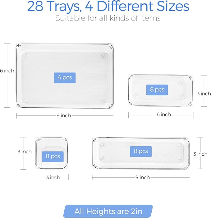Ravinte 28 PCS Drawer Organizer Plastic Storage Bins, 4-Size Kitchen Drawer Organizer with Non-Slip Pads Clear Desk Storage Tray for Makeup, Jewelry, Kitchen Utensils, and Office
