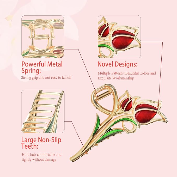 3-Piece Flower Metal Hair Clips, Tulip Floral Hair Claw for Thin/Medium Thick Hair, Elegant Butterfly Barrettes Strong Hold Clamps Non-Slip Cute Cherry Claws Accessories