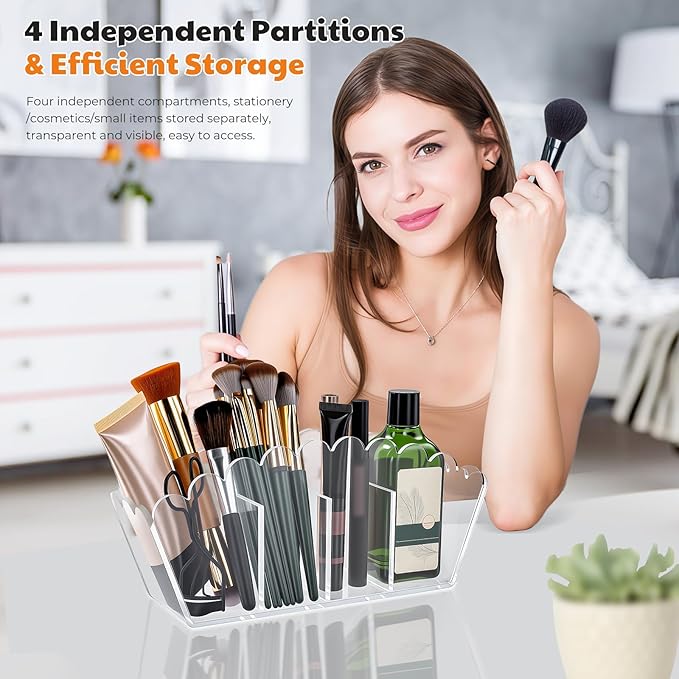 Scalloped Acrylic Pencil Holder – Clear Desk Organizer with 4 Compartments – Makeup Brush Holder & Remote Caddy for Office, Bathroom, Table – Party Accessory （4-Comp）