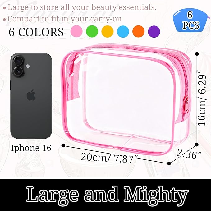 6 Pieces Clear Makeup Bags Bulk, TSA Approved Toiletry Bag PVC Clear Cosmetic Toiletries Pouch with Zipper, Waterproof Vinyl Plastic Organizer Case for Women Carry-on Travel Essentials