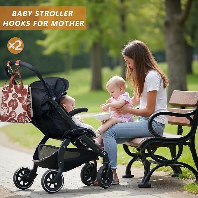 2 Pack Stroller Hooks,Strong Synthetic Leather Hook-and-Loop Fastener&High-Quality Metal Hooks,Universal Bag Clip|360° Rotation, 66lb Capacity,Non-Slip-Fits Wheelchair(Brown-Gold)