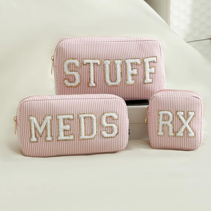 uekeboag Seersucker Chenille Letter Stuff Meds RX Makeup Bag, Travel Washable Purse Organizer with Zipper, Lightweight Toiletry Cute Personalized Preppy Cosmetic Bag For Women and Girls(02Pink Stuff)
