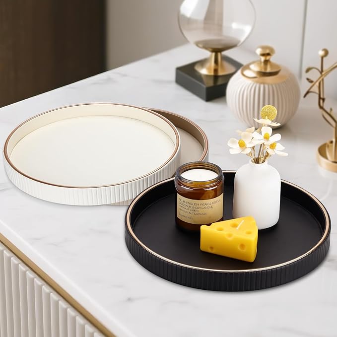 KINGFOM Round Tray for Coffee Table, PU Leather Valet Nightstand Desk Organizer for Men Women, Golden Trim Tray for Home Decor Living Room Dining Table, Perfume Trays Nightstand Organizer Black