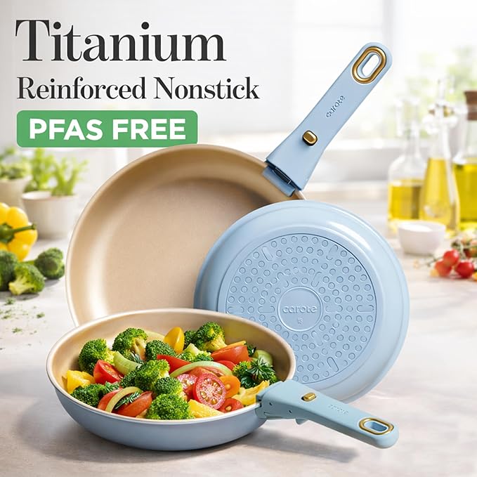 CAROTE 18Pcs Pots and Pans Set, Nonstick Cookware Set Detachable Handle, kitchen Pan Set, Induction kitchen cookware Non Stick, RV Cookware Sets, Oven Safe, Blue