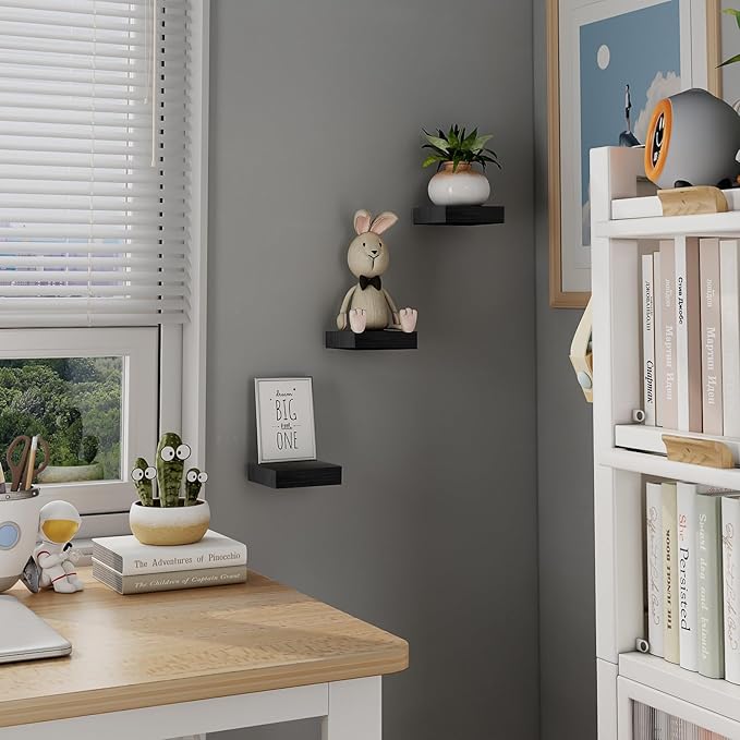 Small Floating Shelves for Wall - 4 Inch Mini Square Black Shelves for Bedroom, Living Room, Bathroom, Kitchen, Office Decor Set of 3