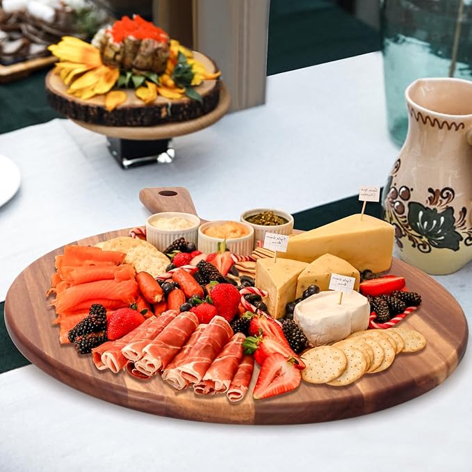 21"x16" XL Extra Large Acacia Wood Cutting Board with Handle Round Wooden Charcuterie Boards Meat Chopping Board Bread Serving Cheese Platter Big Pizza Cutting Boards for Kitchen Carving Butcher Board