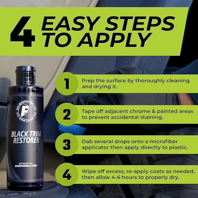 ExoForma Black Trim Restorer - Lasts 6+ Months, Dye Infused Waterproof Plastic Restorer for Cars - Perfect for Faded Bumpers, Trim & Vinyl on Jeeps, Truck Beds, Avalanches & ATVs | 8oz
