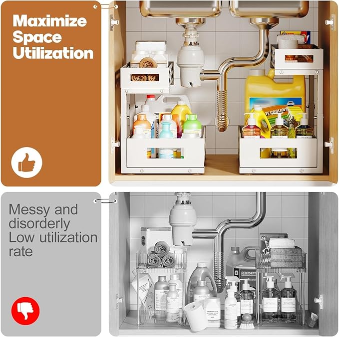1-Pack Under Sink Organizers and Storage, 2-Tier L-Shape Pull Out Cabinet Organizer with Round Tube Slide Rails, Height Adjustable Slide Out Drawers for Kitchen & Bathroom, Multi-Purpose Storage Shelf - White