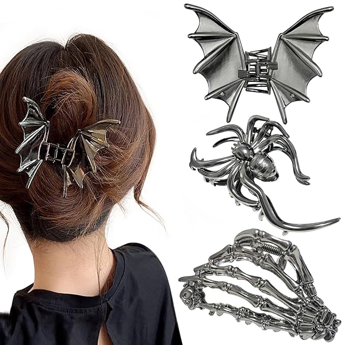 3 Pieces Large Metal Spider Net Bat Hand Hair Claw Clips for Women and Girls Thick Long Hair, Nonslip Skeleton Spooky Barrette Headband Hair Styling Accessories for Halloween Christmas Gifts