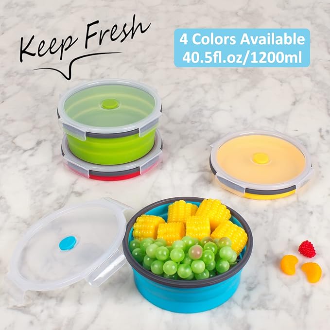 Collapsible Food Storage Containers with Airtight Lid, 40.5 oz, Kitchen Stacking Silicone Collapsible Meal Prep Container Set for Leftovers, Microwave, Freezer, Dishwasher Safe, 4 Colors Round, Set of 4