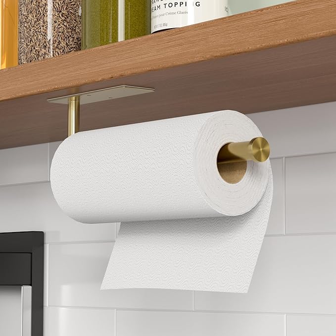 Paper Towel Holder Under Cabinet, Self-Adhesive,No Drilling, Stainless Steel, Wall-Mounted for Kitchen and Bathroom, Easy Install, Durable, Space-Saving, Ideal for Home, RV (Gold, 2 Pack)