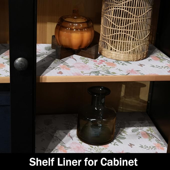 Bird Floral Shelf Liners Non Adhesive and Strong Non-Slip 12IN x 20FT Shelf and Drawer Liners for Kitchen Cabinet Wire Fridge, Waterproof Shelf Drawer Liner,Easy to Clean