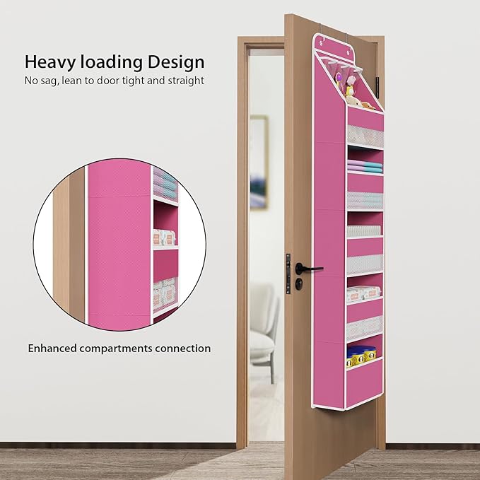 Univivi 6-Shelf Over Door Hanging Organizer Fabric Baby Door Storage with 5 Large Pockets and 3 Small PVC Pockets Wall Mount Hanging Storage Organizers for Baby Essential (Pink)