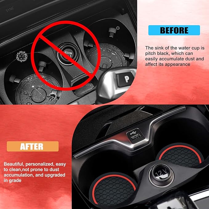 4PCS Car Cup Holder Coasters, 2.75 Inch Non-Slip Insert Cup Holder Pad, Dustproof Automotive Interior Accessories Mat, Universal for Trucks, Vehicles, RVs and More (Black/Red)