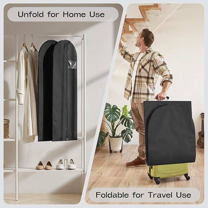 3 Pack Heavy Duty Garment Bags for Travel Suit Bags, Dress Bags, Garment Bags for Hanging Clothes with Pockets Men's Suit Holder for Shirts, Coats, Dresses (Black, 3Pack 60")