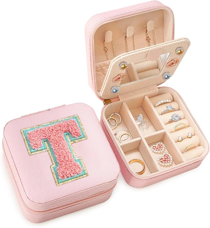 SANDJEST Personalized Jewelry Box, Pink Travel Jewelry Box with Initial T, Small Monogrammed Jewelry Case Organizer for Girls Women Teen Kids, Mini Travel Essentials Gifts for Birthday Christmas
