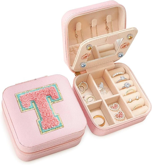 SANDJEST Personalized Jewelry Box, Pink Travel Jewelry Box with Initial T, Small Monogrammed Jewelry Case Organizer for Girls Women Teen Kids, Mini Travel Essentials Gifts for Birthday Christmas