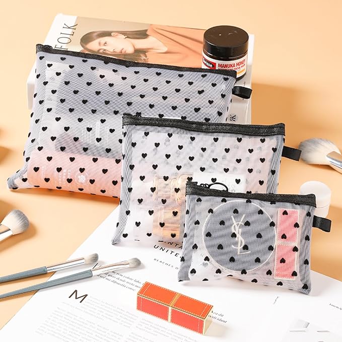 4-Piece Heart Printed Mesh Makeup Bag Set, Portable Travel Mesh Cosmetic Bags Toiletry Bags Makeup Purse Bags Mesh Zipper Storage Pouches for Home Offices Travel Accessories (White)