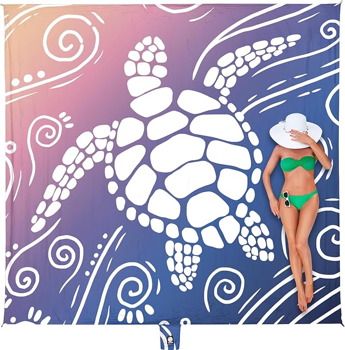 WEKAPO Beach Blanket Waterproof Sandproof Oversized Extra Large Sand Free Beach Mat with Stakes, Storage Bag - Essentials for Outdoor Beach, Picnic (Deep Blue Sea Turtle, 8 X 7 FT (1~4 Person))