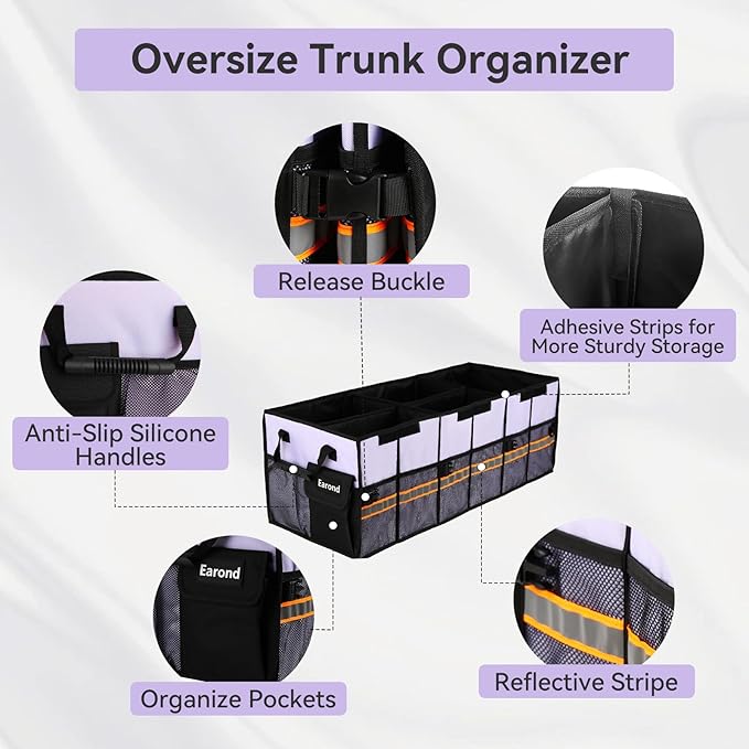 EAROND Car Trunk Organizer with Lid,Collapsible Car Storage Organizer with Multi Compartments and Securing Straps for SUV,Sedan,Jeep-Cyan
