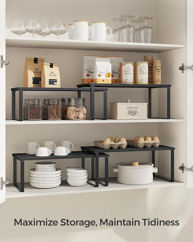 SONGMICS Cabinet Organizer Shelf, Set of 2 Kitchen Counter Shelves, Kitchen Storage, Spice Rack, Stackable, Expandable, Metal and Engineered Wood, Ink Black and Charcoal Black UKCS025B01