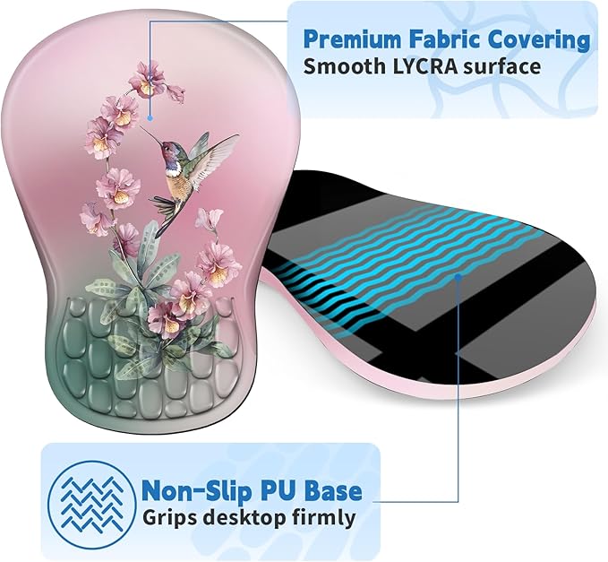 YIWEI Ergonomic Mouse Pad with Wrist Rest - Comfortable Office Mousepad with Memory Foam Wrist Support for Carpal Tunnel Relief, Mouse Pads with Non-Slip Base for Gaming and Home (Hummingbird)