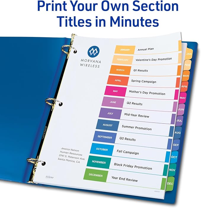 Avery Jan-Dec Dividers for 3 Ring Binders, 12 Tabs per Set, Customizable Table of Contents, Multicolor Tabs, Great for Organizing Reports, Projects, and More (3 Sets of 44128)