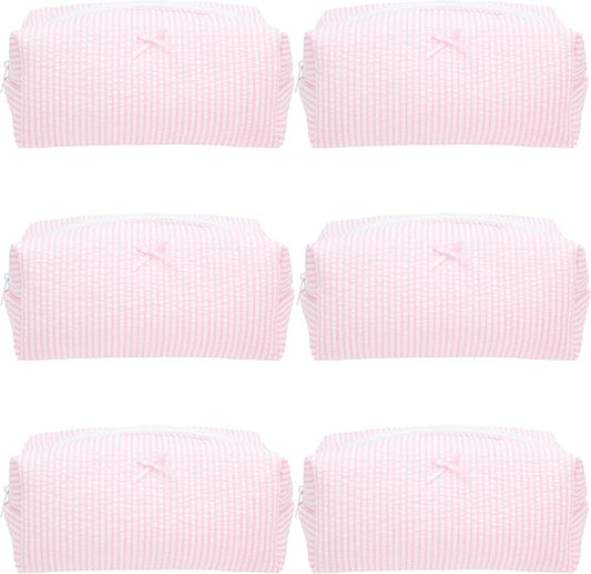 6PCS Cozy Makeup Bag SET Travel Cosmetic Bag for Women Soft Toiletry Bag Aesthetic Makeup Organizer Portable Large Zipper Pouch for Skincare Beauty Accessories Brushes Stripe Pink