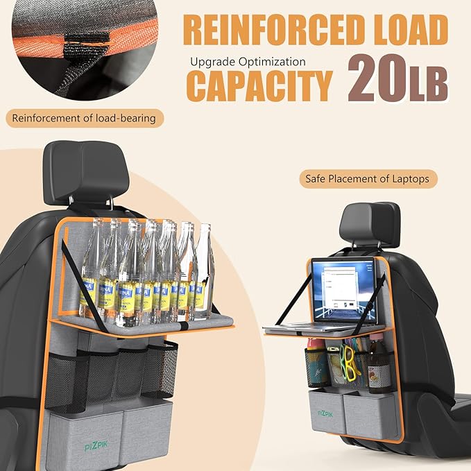 Car Backseat Organizer with Tablet Holder, 11 Storage Pockets with Foldable Food Tray, Protector Kick Mats for Kids, Travel Accessories Organizer (Orange, 2-Pack with Food Tray)