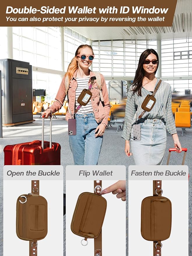 Clip and Go Strap for Phone with Wallet Crossbody Phone Lanyard Adjustable and Detachable RFID Wristlet Wallet with ID Window and Zipper, Brown