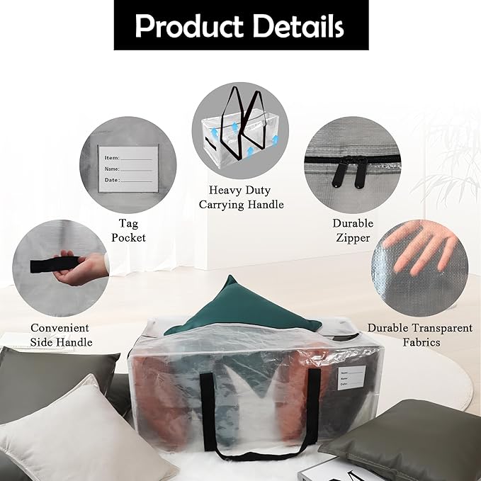 6 Pack Heavy Duty Extra Large Moving Bags with Black Handles, Waterproof Foldable Storage Totes, Clothing Storage Bags, Packing Moving Boxes for College Supplies & Seasonal Storage, Clear