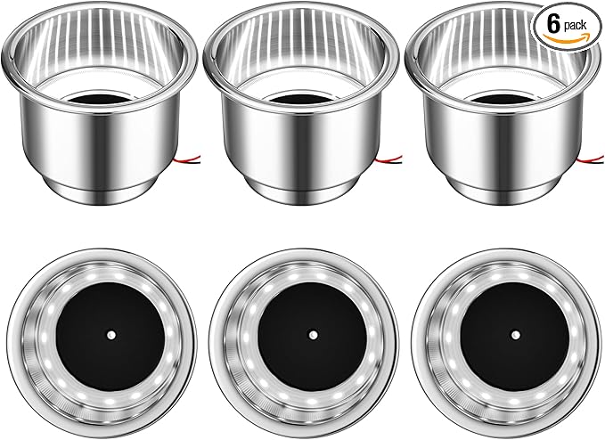 Yexiya 6 Pcs LED Cup Holder Marine Drink Holder Stainless Steel Cup Holders Insert with Drain for Boat Yacht Car Camper Truck RV(White)